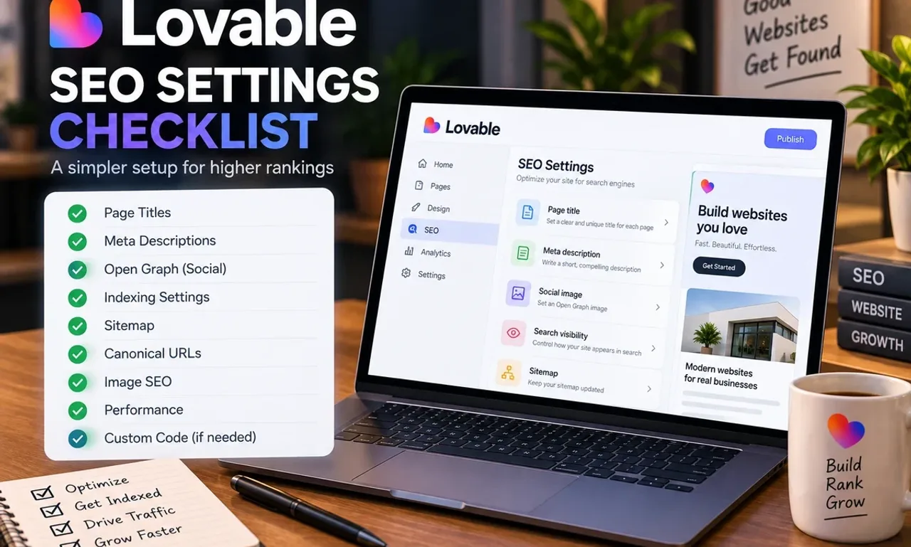 Laptop showing a Lovable project SEO panel next to a checklist of page titles, meta descriptions, Open Graph tags, indexing settings, sitemap and canonical URLs