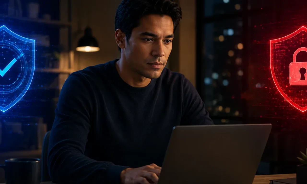 Malwarebytes vs Bitdefender antivirus comparison, shown as a blue checkmark shield and a red lock shield beside a man working at a laptop in an evening office.