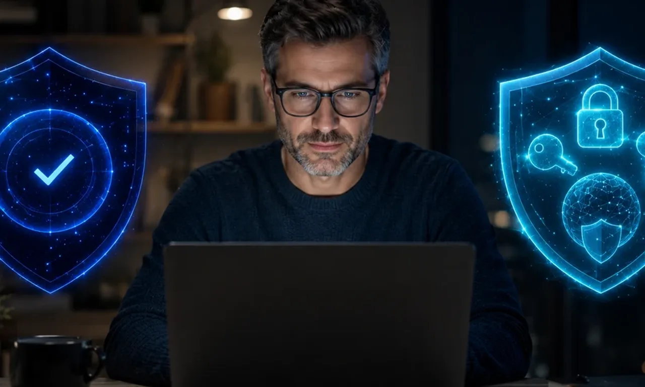 Malwarebytes vs F-Secure antivirus comparison, shown as a navy blue shield and a cyan blue shield beside a man working at a laptop in an evening office.