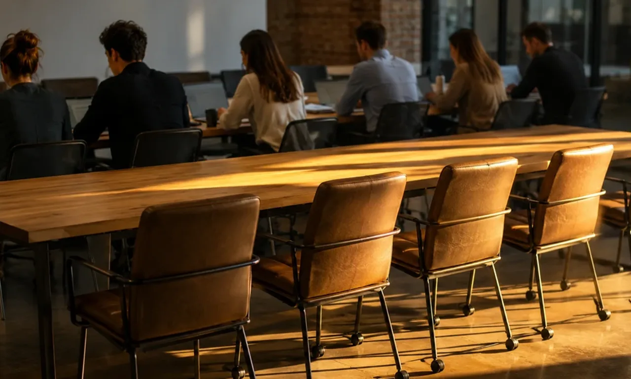 A row of empty leather chairs lit by late afternoon sun along the near side of a long office meeting table, with a team of six working on laptops at the far end.