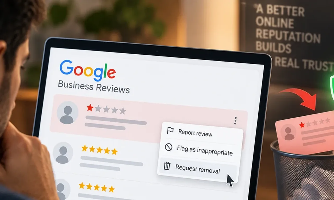 Business owner at a laptop showing a Google Business Profile reviews list with a one star review highlighted and a report menu open beside it