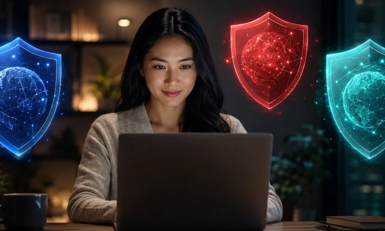 NordVPN vs ExpressVPN vs Surfshark comparison, shown as blue, red, and teal glowing VPN globe shields around a woman working at a laptop in a night home office.
