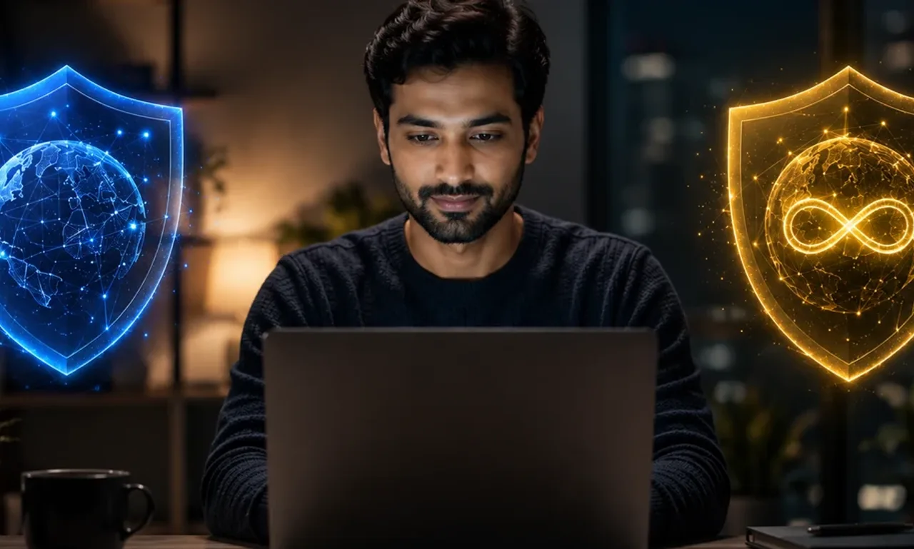 NordVPN vs hide.me VPN comparison, shown as a blue NordVPN shield and a yellow hide.me shield beside a man working at a laptop in an evening home office.