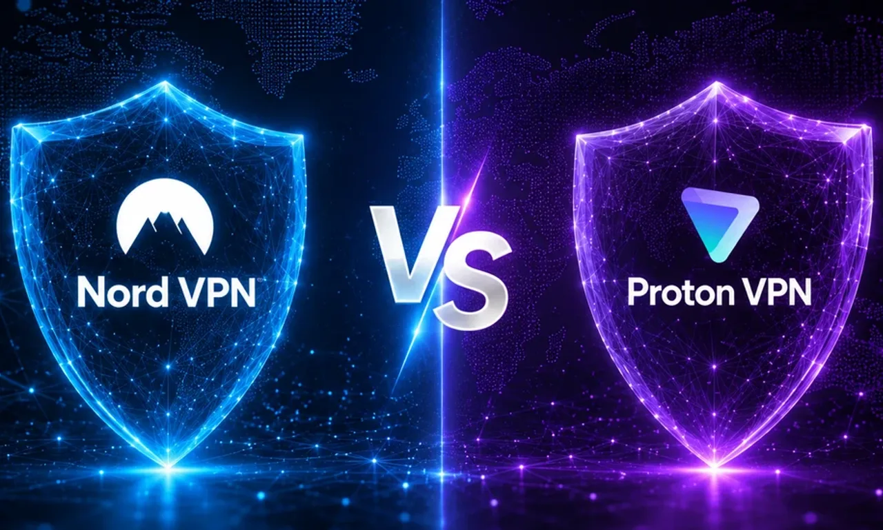 NordVPN versus ProtonVPN comparison with two glowing shields, blue for NordVPN and purple for ProtonVPN