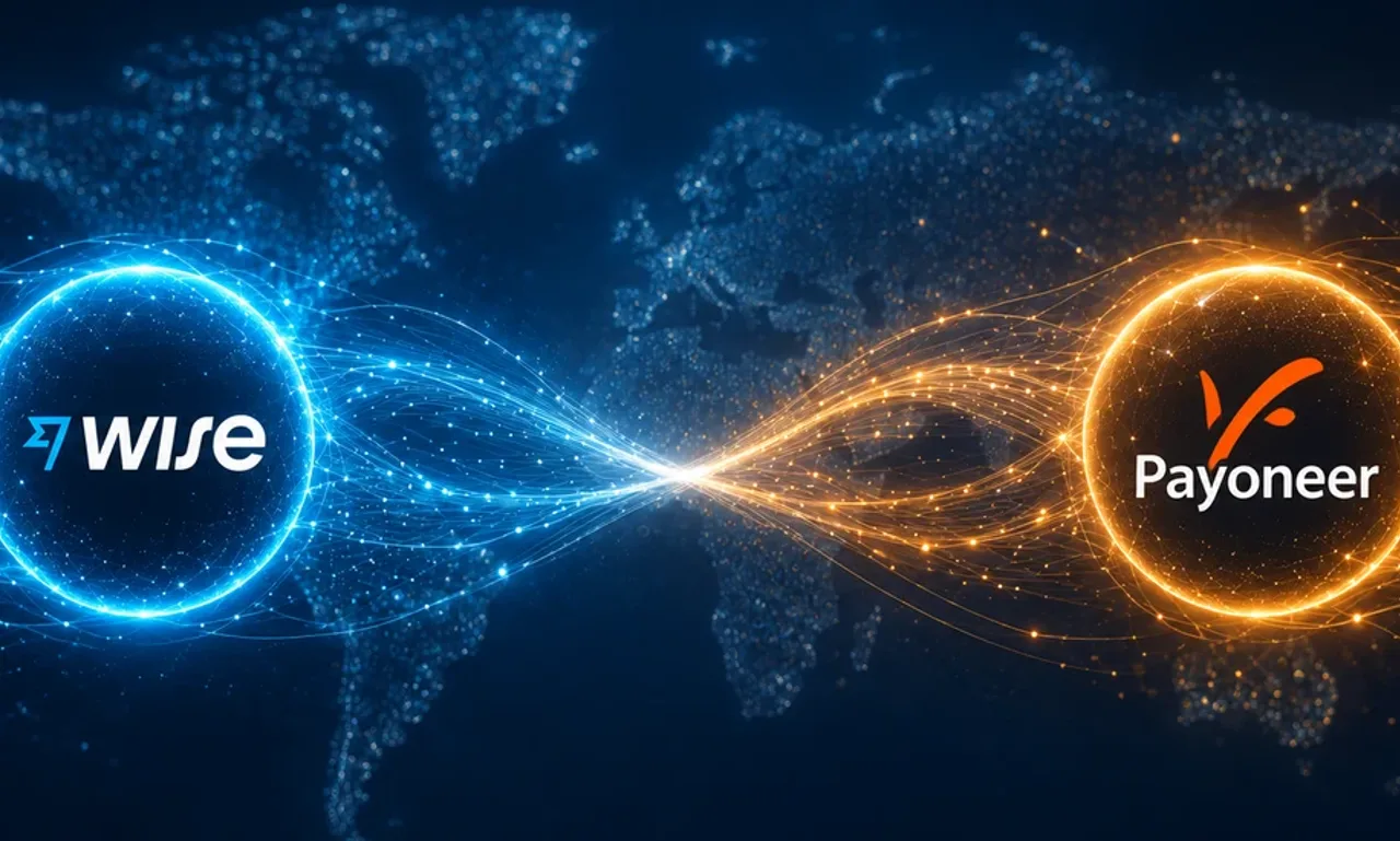 Wise and Payoneer compared as glowing blue and orange nodes linked across a world map, 2026