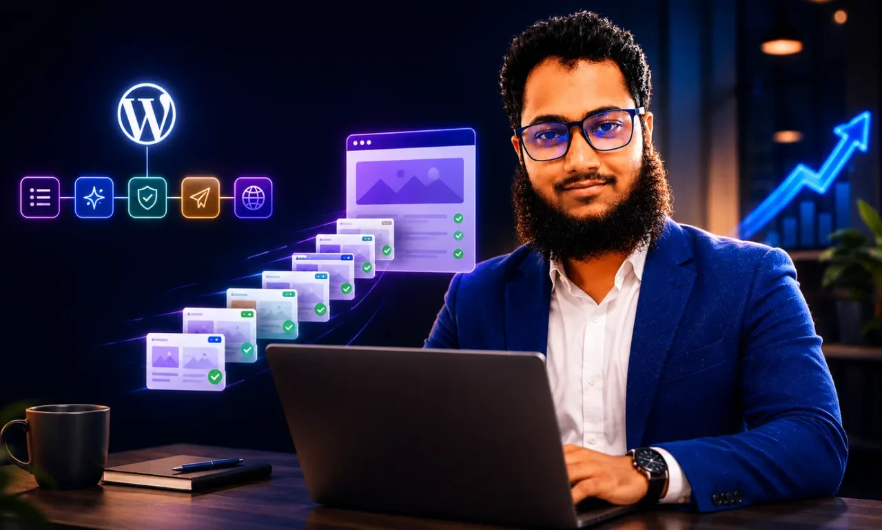 SEO operator at a laptop publishing a stream of validated WordPress posts with Claude Code, shown as content cards with green checkmarks flowing through a pipeline into a WordPress site