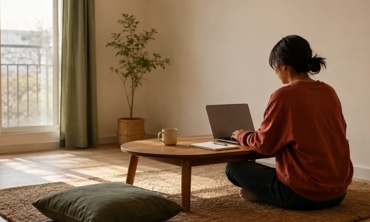 A woman sits cross-legged on the floor of a sparse apartment working at a low wooden table with a laptop, notepad and mug in warm daylight