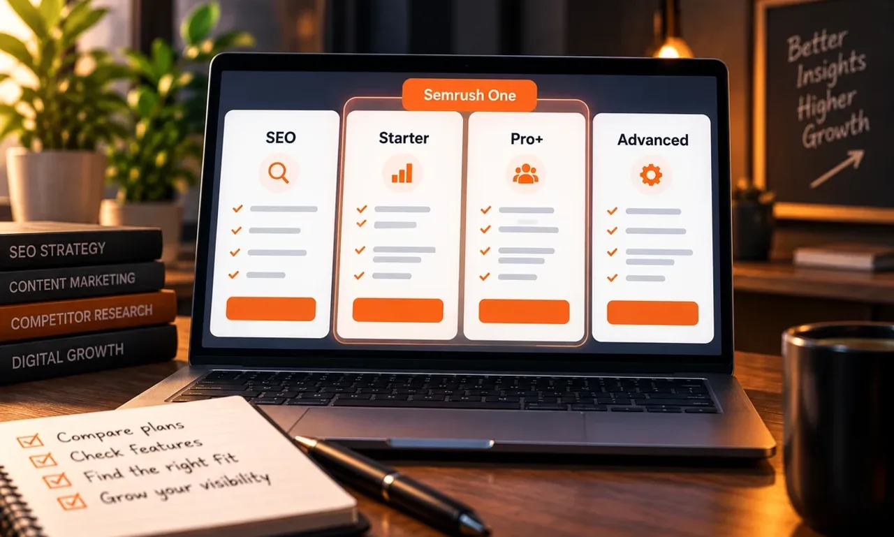 Laptop on a desk showing a pricing page with four plan cards labelled SEO, Starter, Pro+ and Advanced, a Semrush One banner spanning the three bundled tiers, beside a notebook checklist about comparing plans