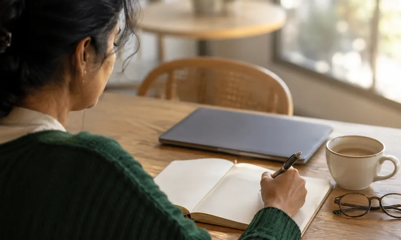 Over-the-shoulder view of a woman in a green cardigan writing in a blank paper notebook at a bright cafe table beside a closed laptop and a coffee cup