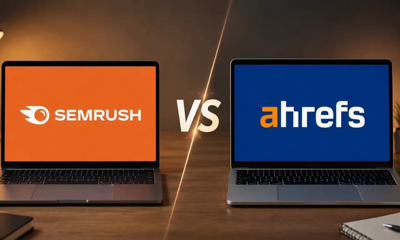 Two open laptops facing each other on a wooden desk in warm lamplight, the left screen showing the Semrush logo in white on orange and the right showing the Ahrefs logo in white and orange on blue, separated by a bright VS divider.