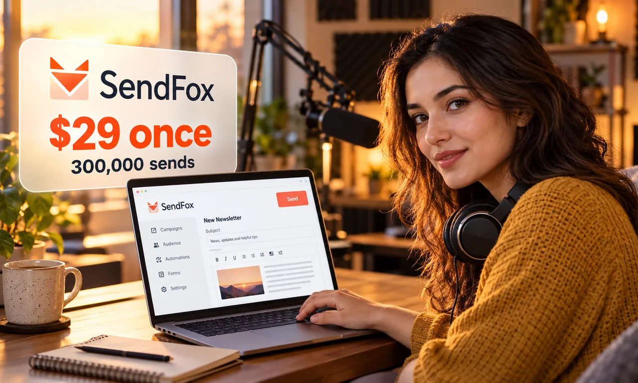 Podcaster in a mustard sweater with headphones at her home studio desk, a laptop showing the SendFox newsletter editor beside a card reading SendFox $29 once, 300,000 sends