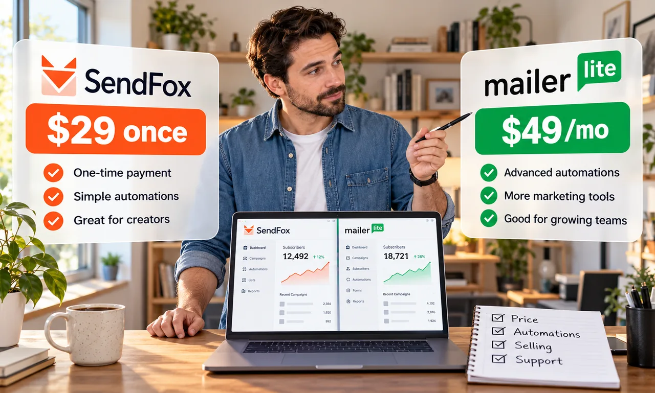 Blogger in a denim shirt pointing a pen between a SendFox card priced $29 once and a MailerLite card priced $49 a month, a laptop showing both email dashboards