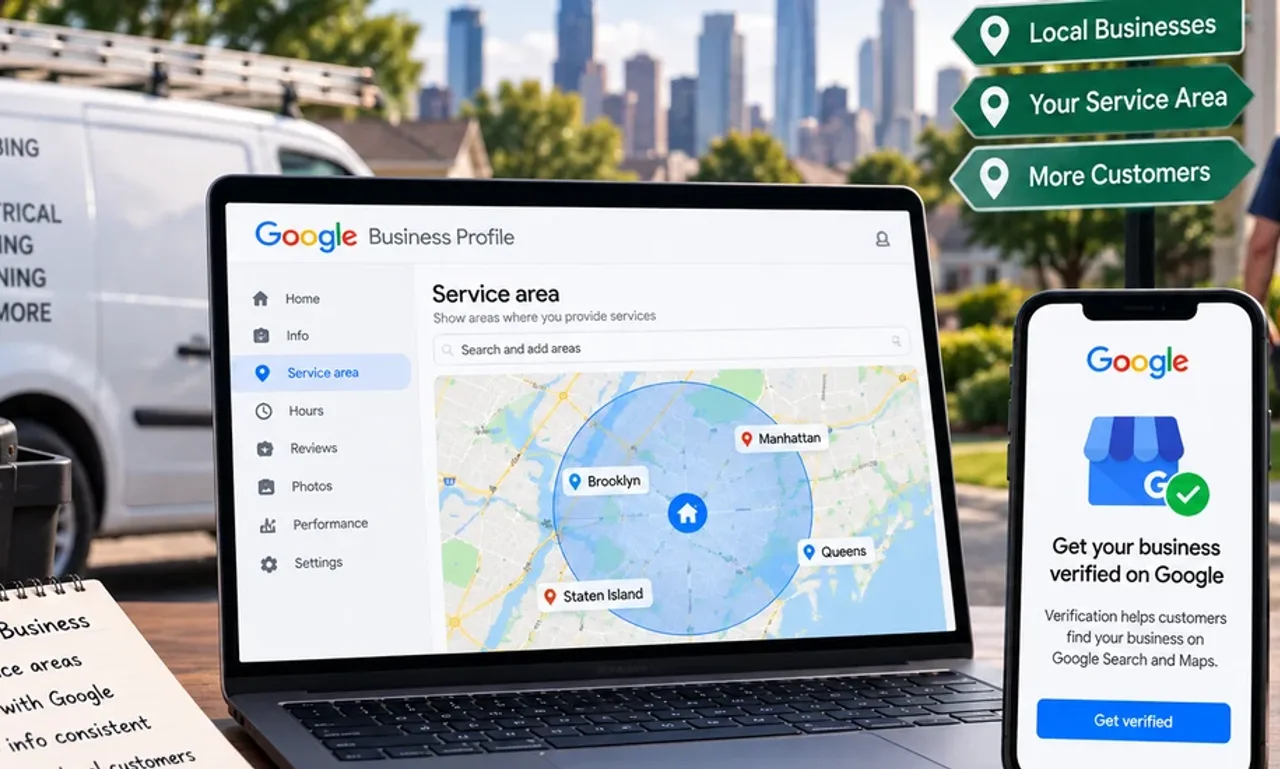 Google Business Profile service area settings on a laptop showing a map with neighbourhood pins, beside a phone displaying the get verified screen and a trades van