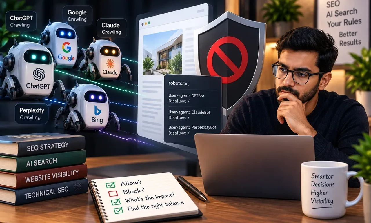 Four small robot crawlers labelled ChatGPT, Google, Claude and Bing approaching a web page, a robots.txt panel with Disallow rules and a red block shield, while a person at a laptop weighs allow against block