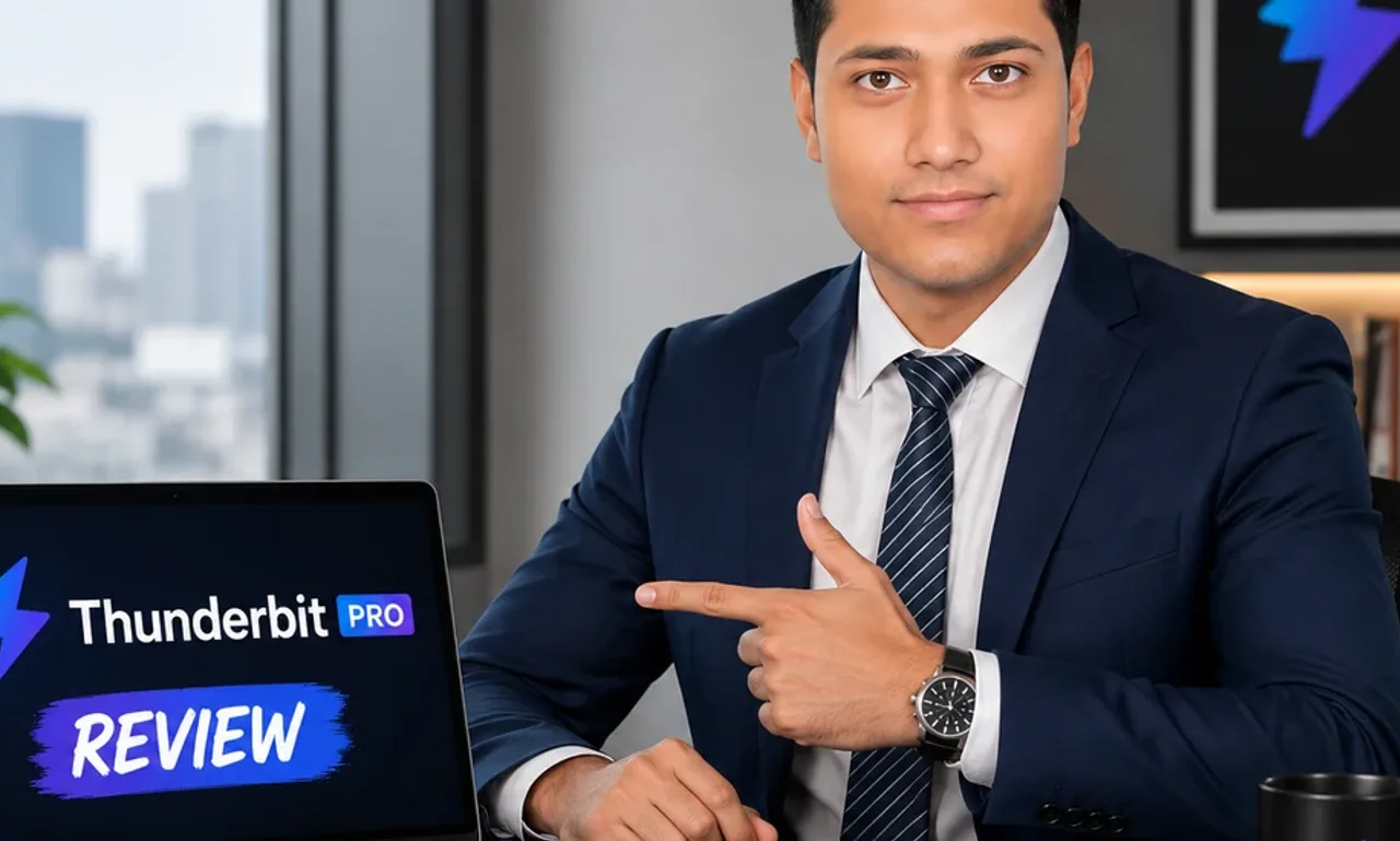 Thunderbit Pro Review tested in a modern office workspace, professional pointing at laptop dashboard