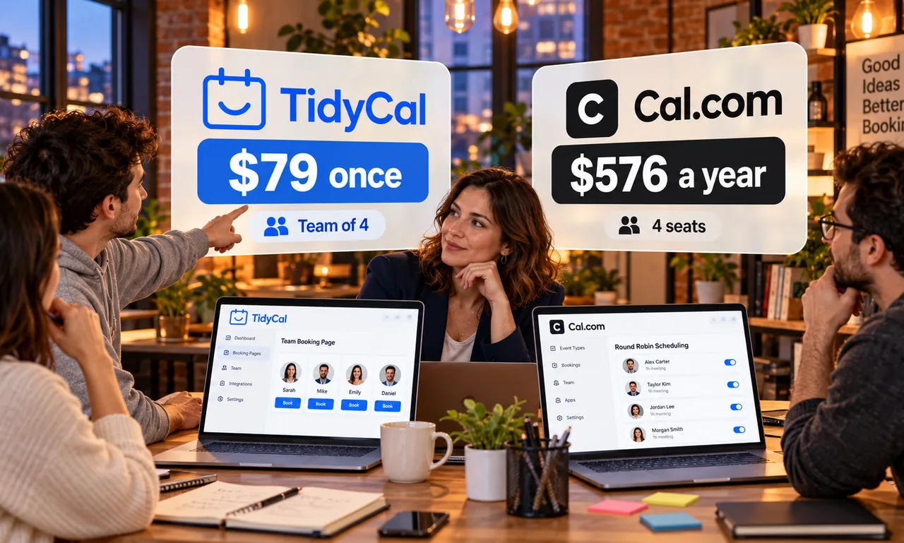 Agency team of four in a loft office comparing a TidyCal card priced $79 once for a team of 4 with a Cal.com card priced $576 a year for 4 seats, two laptops open on the table