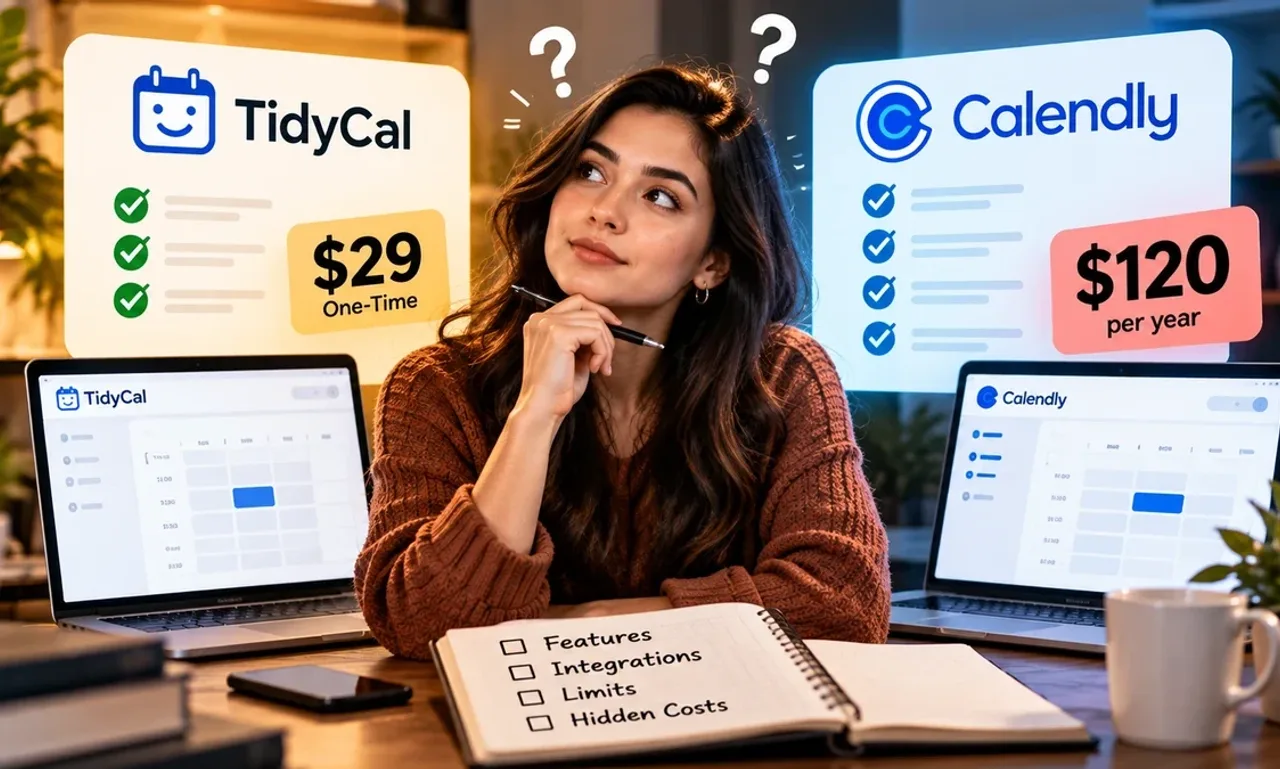 A woman weighing TidyCal at $29 one time against Calendly at $120 a year, both scheduling calendars open on two laptops, with a notebook checklist for features, integrations, limits and hidden costs