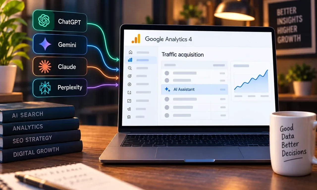 Laptop showing a Google Analytics 4 Traffic acquisition report with the AI Assistant channel row highlighted, while chips for ChatGPT, Gemini, Claude and Perplexity send arrows into the screen