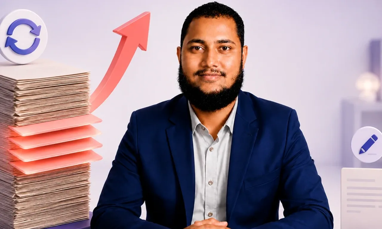 Editorial illustration for updating old blog posts versus writing new ones: on the left a tall stack of aged papers with four glowing coral sheets slotted into the middle, a blue refresh icon resting on top and a coral arrow curving upward from the stack; on the right a single small blank document beside a pencil edit icon. A bearded man in a navy suit sits between them. The refreshed stack dominates the frame while the new blank page stays small and static.