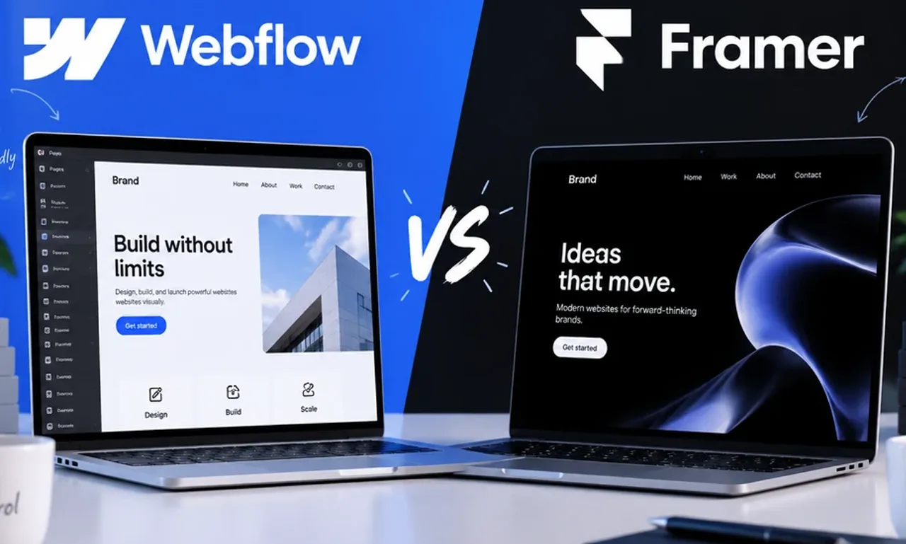 The Webflow and Framer logos above two laptops showing each builder's editor side by side