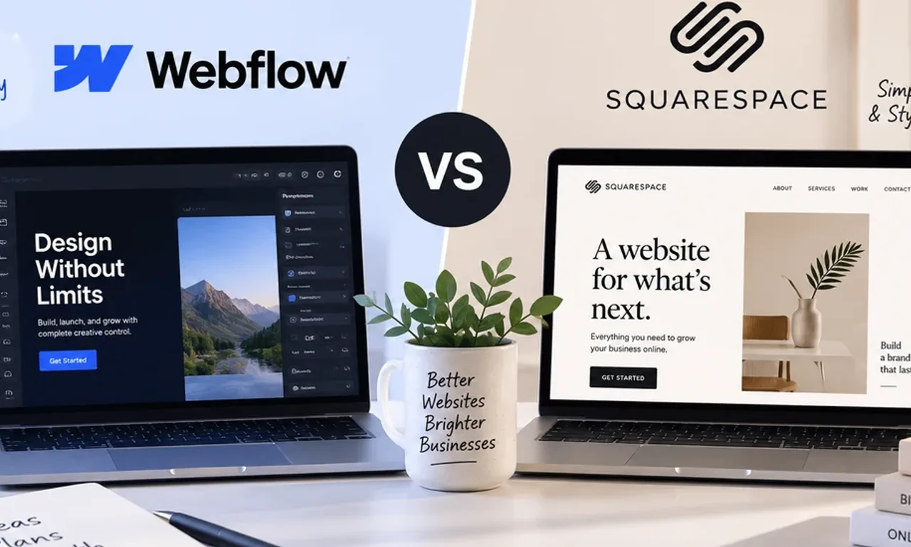 The Webflow and Squarespace logos above two laptops showing each platform's website editor