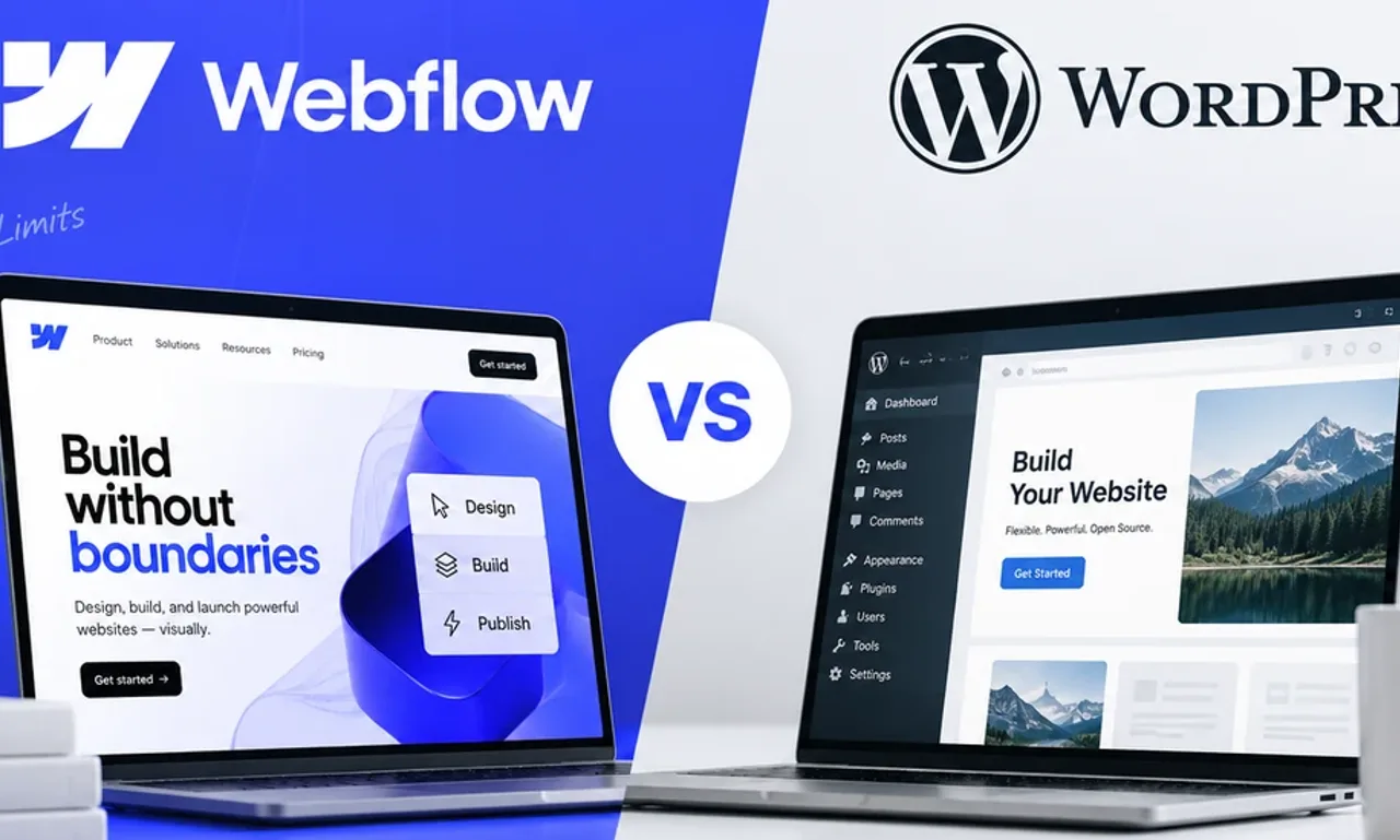 The Webflow and WordPress logos above two laptops showing the Webflow designer and the WordPress dashboard