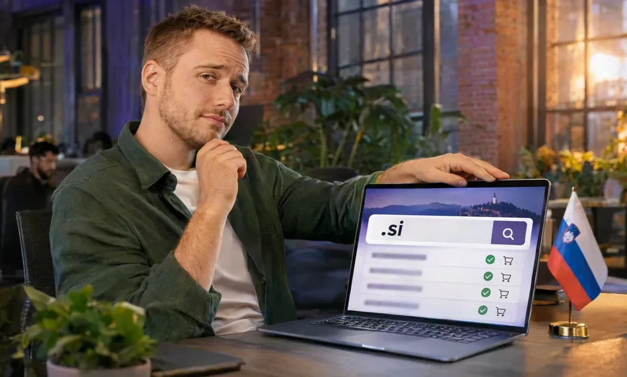 Founder in a loft co-working space, hand on his chin, weighing a laptop showing a .si domain search with available names, beside a small Slovenian flag
