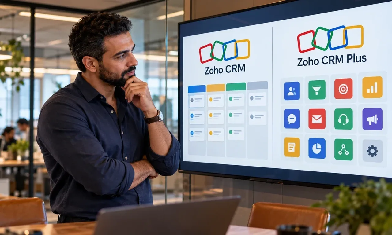 Sales director comparing Zoho CRM and Zoho CRM Plus side by side on a wall display, a sales pipeline on one side and a grid of bundled apps on the other