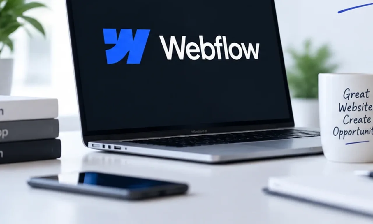A laptop showing the Webflow logo on a bright desk beside a plant, a stack of books and a coffee mug