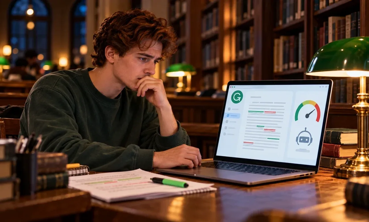 Student in a library at night looking worried at a laptop showing the Grammarly logo, an essay with underlined corrections and an AI detection gauge