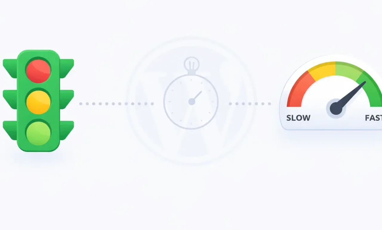 Yoast SEO traffic light icon with stopwatch and speed gauge showing fast performance on WordPress
