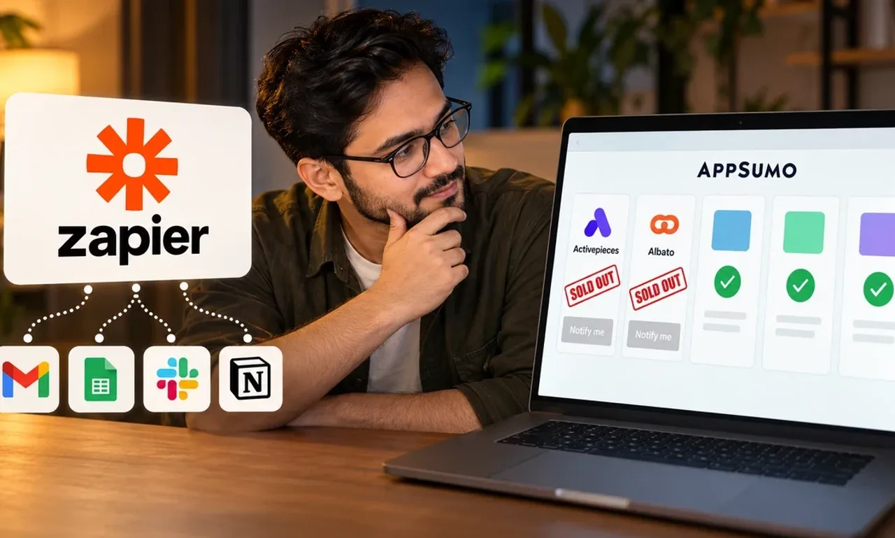 A man with glasses looks from a Zapier card linked to Gmail, Sheets, Slack and Notion icons toward an AppSumo deals page where Activepieces and Albato carry sold out stamps and notify me buttons while three other deals show green ticks