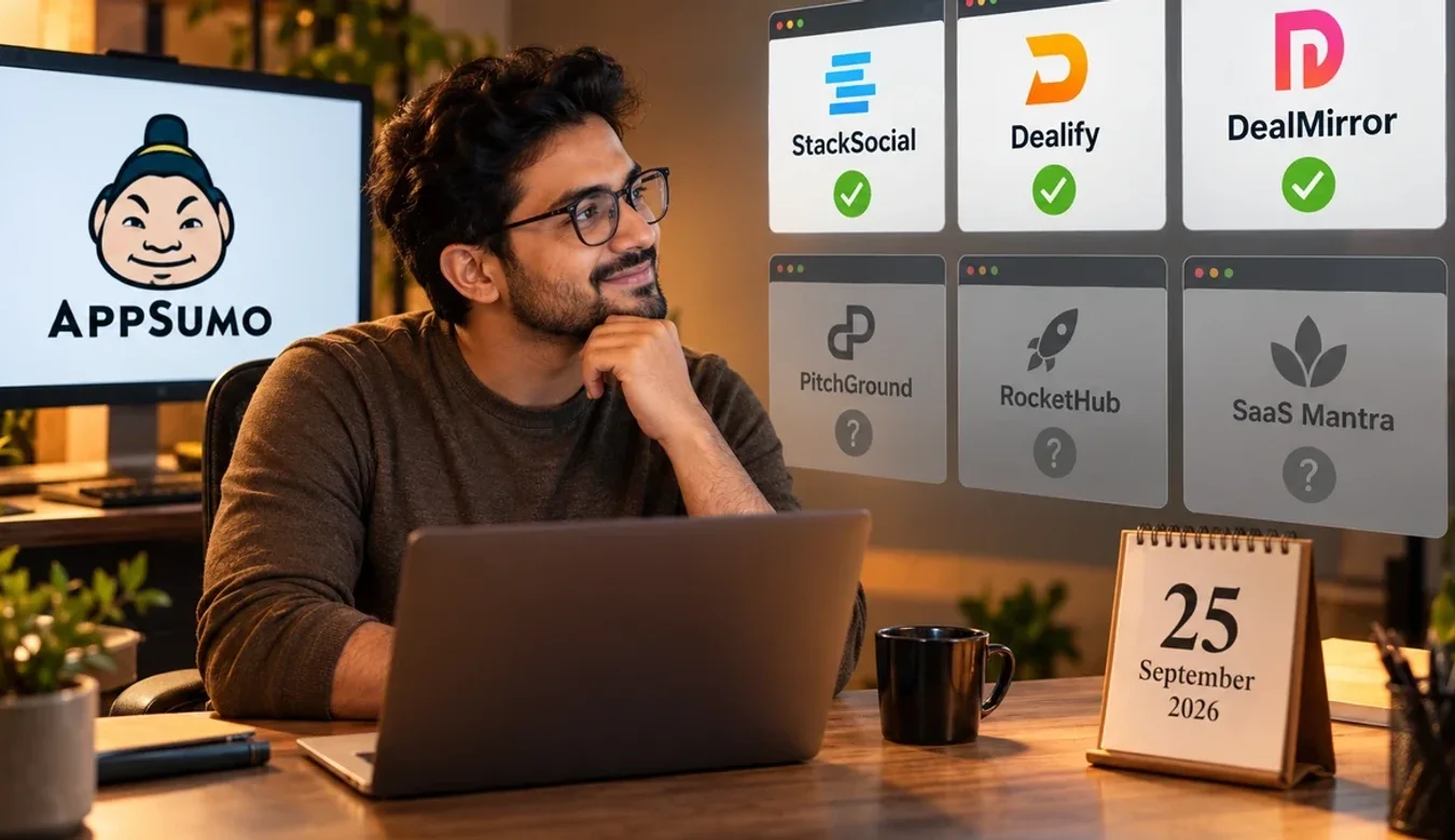 A man at a laptop looks at six floating storefront cards, StackSocial, Dealify and DealMirror lit with green ticks and PitchGround, RocketHub and SaaS Mantra greyed out with question marks, beside a desk calendar reading 25 September 2026 and an AppSumo logo on a monitor