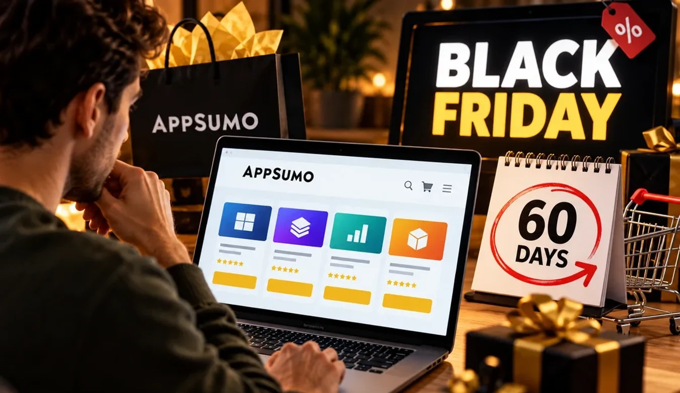 A shopper browsing the AppSumo deal grid on a laptop beside a Black Friday screen, wrapped gifts and a desk calendar reading 60 days