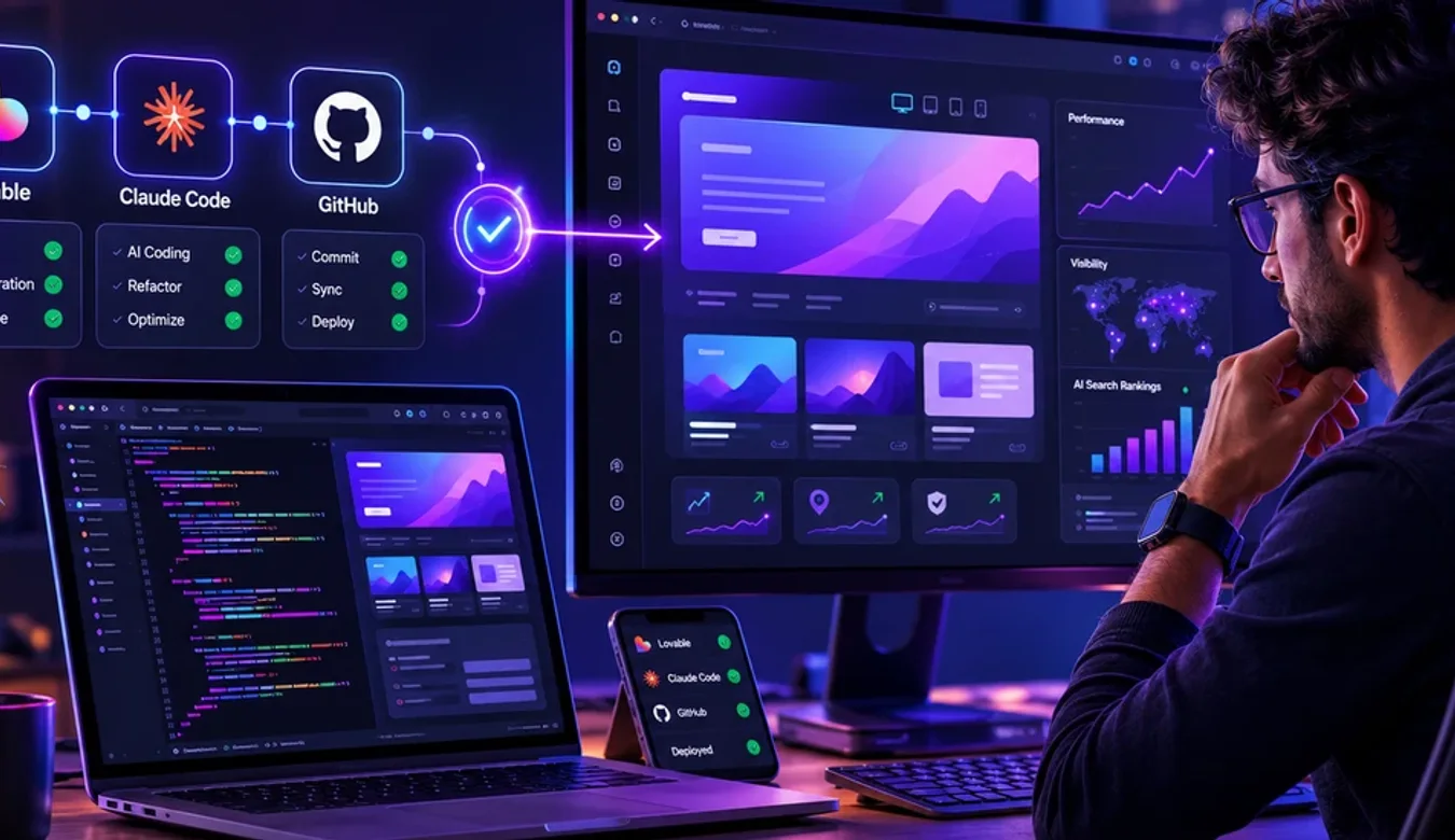 Developer at a desk watching a Lovable, Claude Code, and GitHub workflow build a website on screen