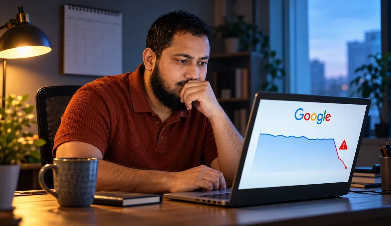 Business owner at his desk at dawn, hand to his mouth, studying a laptop showing the Google logo above a traffic chart that drops sharply beside a red warning sign