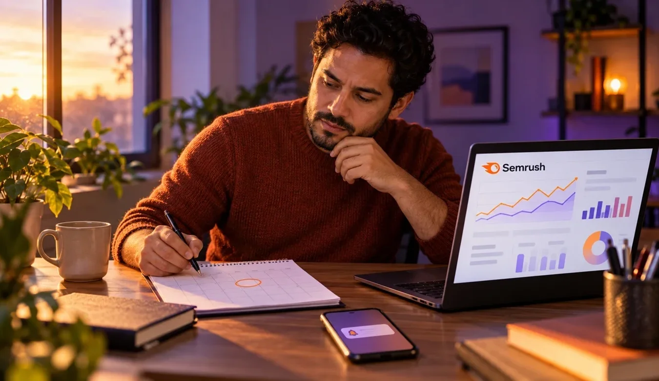 Freelance marketer in a rust sweater, hand on his chin, circling one day on a desk calendar while a laptop beside him shows the Semrush dashboard and a phone reminder glows on the desk at sunset