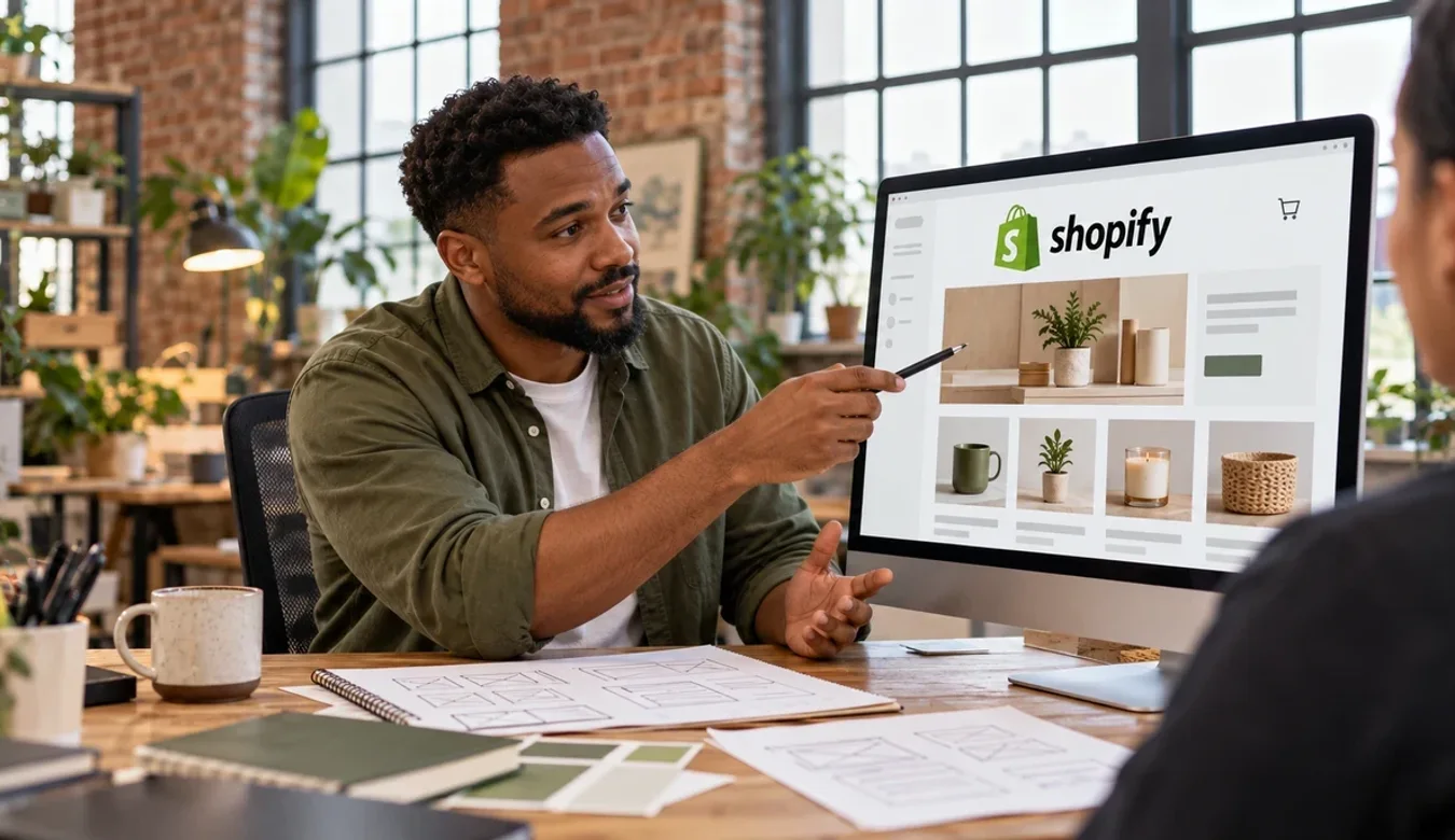 Web developer pointing at a monitor showing the Shopify logo on a store design mockup while explaining the build plan to a client, with page layout sketches on the desk
