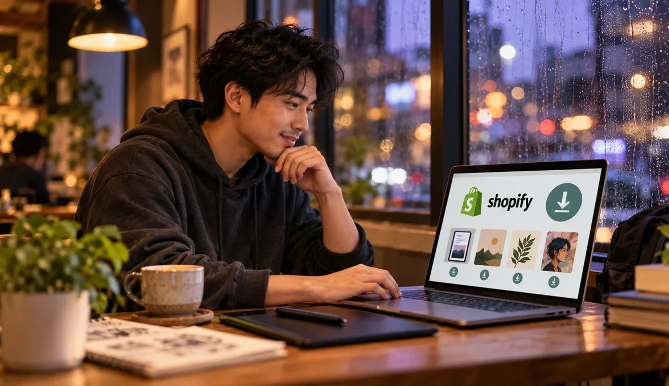 Illustrator in a cafe on a rainy evening looking at a laptop showing the Shopify logo, a download icon and digital files for sale