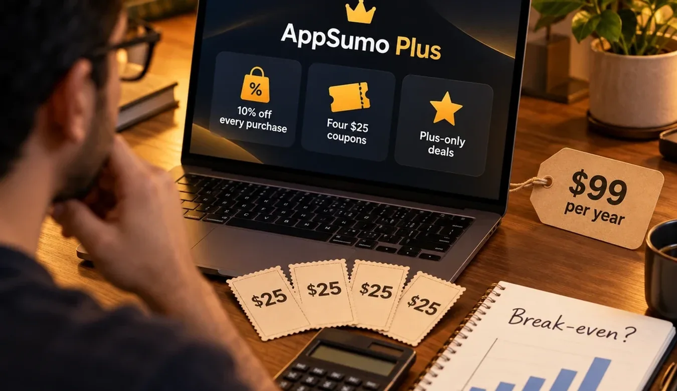 Over a man's shoulder, a laptop shows AppSumo Plus with tiles for 10% off every purchase, four $25 coupons and Plus-only deals, beside a price tag reading $99 per year, four $25 paper coupons fanned over a calculator and a notebook headed Break-even