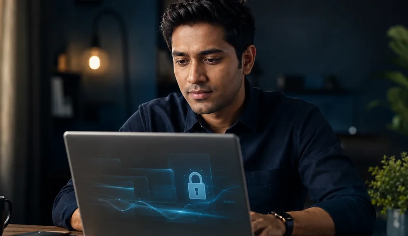 hide.me VPN 2026 review featured image showing a focused user evaluating the audited no-logs VPN service on a laptop with a privacy padlock interface