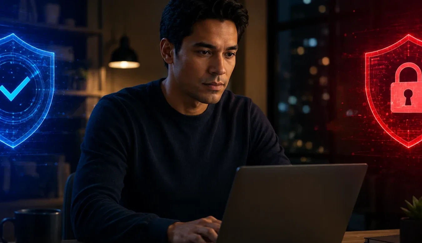 Malwarebytes vs Bitdefender antivirus comparison, shown as a blue checkmark shield and a red lock shield beside a man working at a laptop in an evening office.