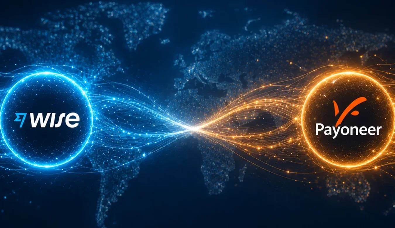 Wise and Payoneer compared as glowing blue and orange nodes linked across a world map, 2026