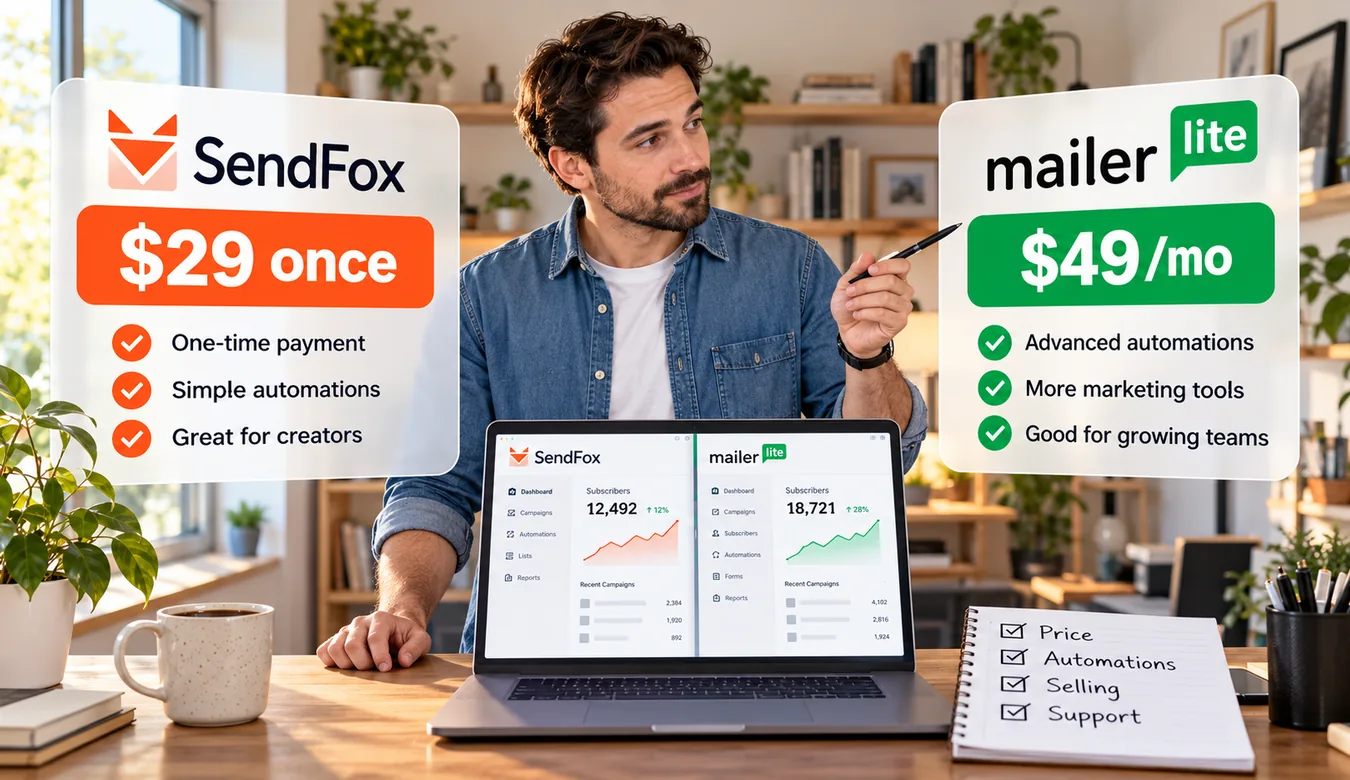 Blogger in a denim shirt pointing a pen between a SendFox card priced $29 once and a MailerLite card priced $49 a month, a laptop showing both email dashboards