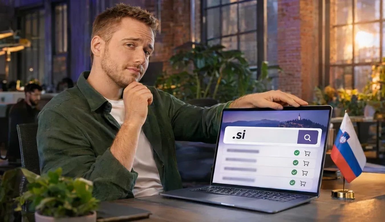 Founder in a loft co-working space, hand on his chin, weighing a laptop showing a .si domain search with available names, beside a small Slovenian flag