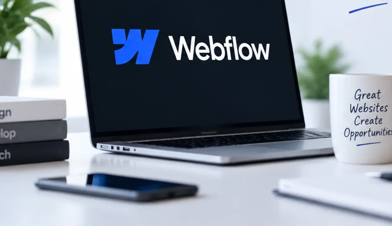 A laptop showing the Webflow logo on a bright desk beside a plant, a stack of books and a coffee mug