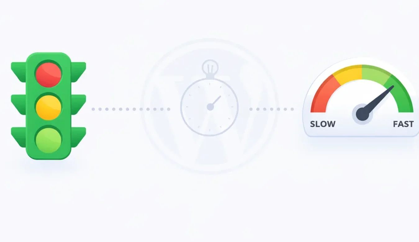 Yoast SEO traffic light icon with stopwatch and speed gauge showing fast performance on WordPress