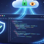 Cursor AI code editor sending code to cloud servers with privacy shield and lock icons