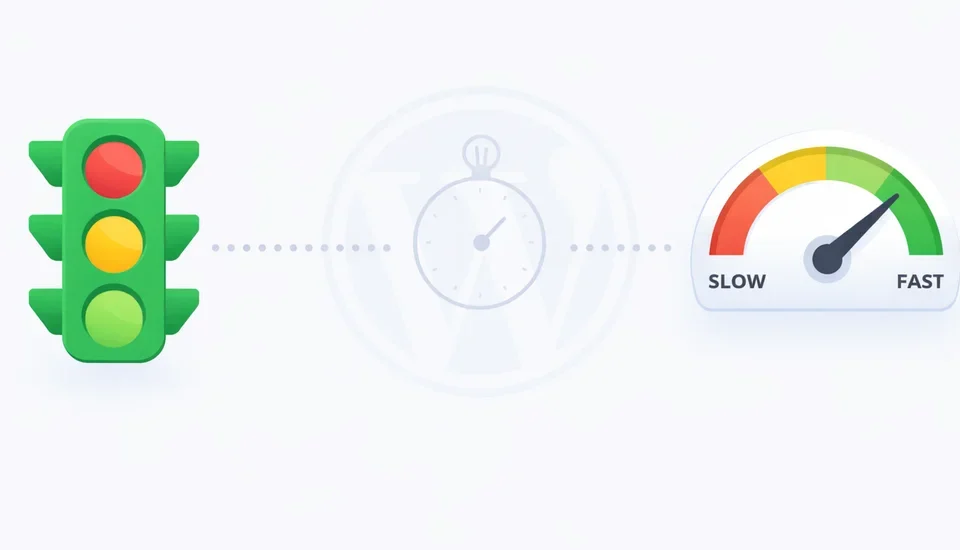 Yoast SEO traffic light icon with stopwatch and speed gauge showing fast performance on WordPress