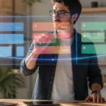 Solopreneur managing kanban board with floating holographic project cards at modern desk, 2026 productivity tools comparison, CriticNest review